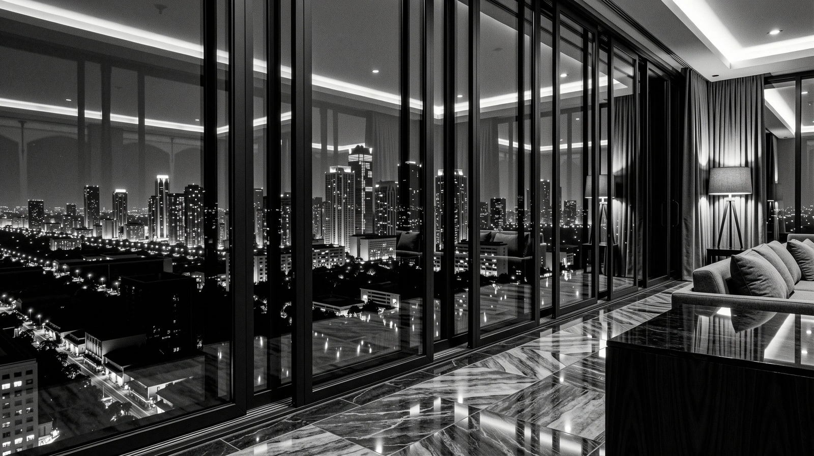 Jakarta skyline at night through architectural glass